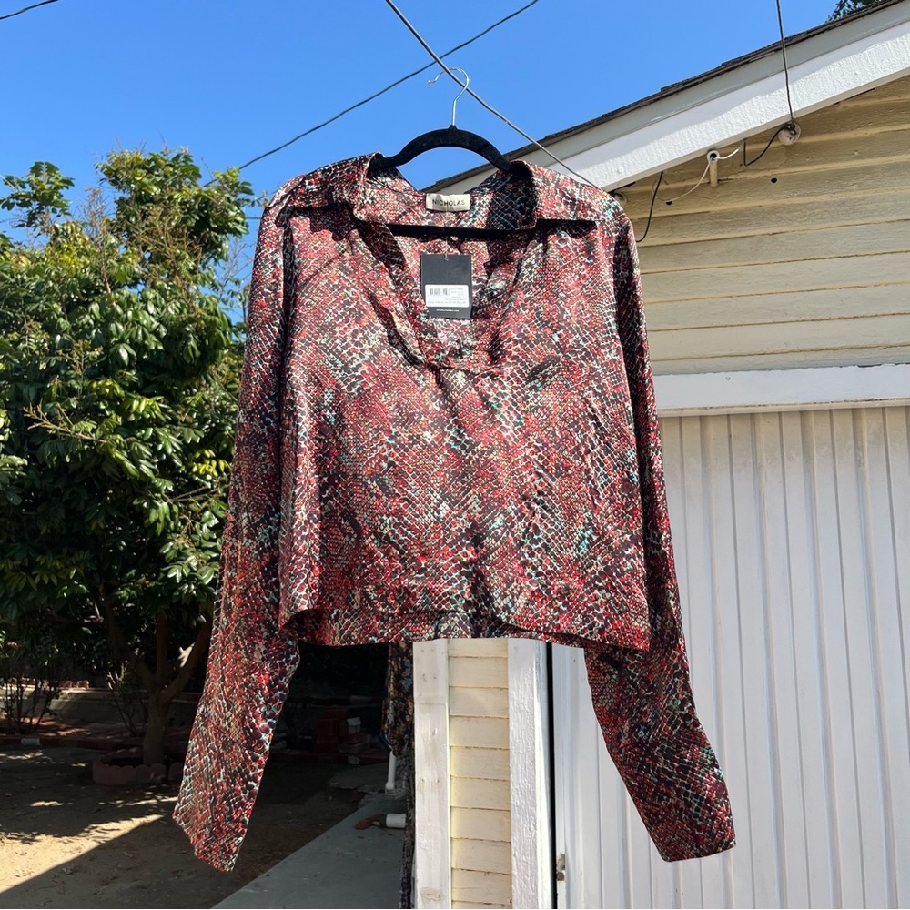 NWT NICHOLAS‎ red snake python animal silk blend popover blouse shirt